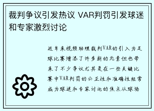 裁判争议引发热议 VAR判罚引发球迷和专家激烈讨论